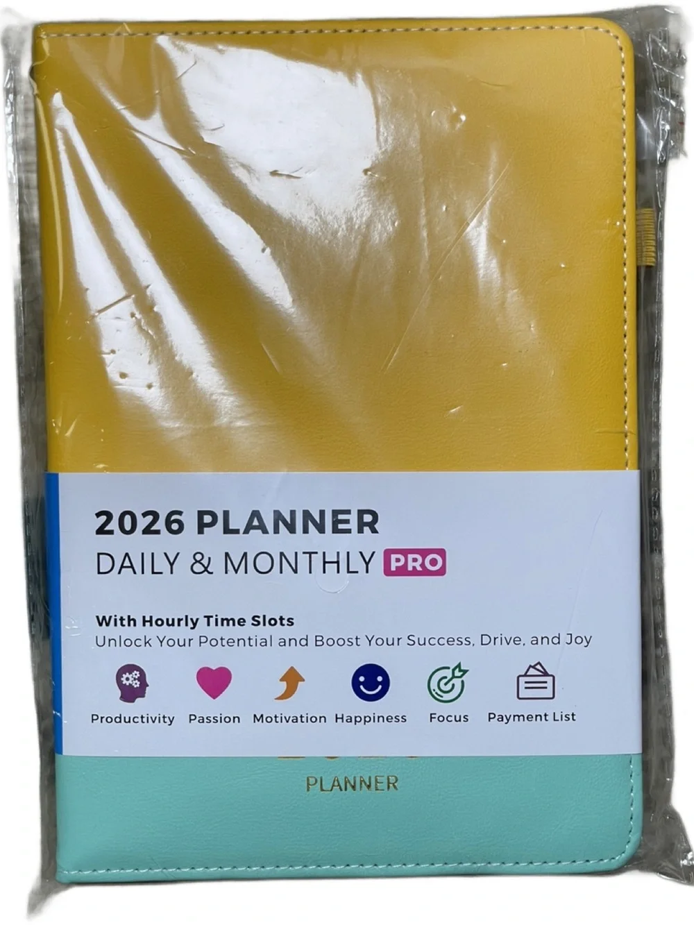 Plannity 2026 Daily & Monthly Pro Planner - Yellow and Teal Faux Leather Binder